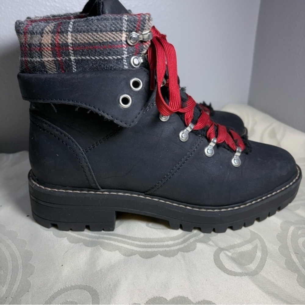 Black Lace-Up Boots with Red Laces and Plaid Cuff